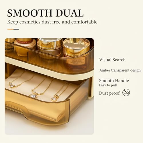 Brown Makeup Organizer with Dual Drawers and Rotating Top - TidyLadyo