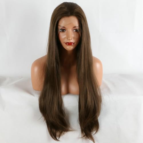 Kalisa Brown Lace Front Wig 24 Inch Long Silky Straight Dark Brown High Density Synthetic Wig - Natural Look, Glueless & Heat Resistant