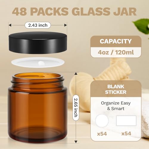 Bumobum 48 Pack 4 oz Small Glass Jars with Lids, Amber Glass Lotion Jars with Inner Liners, 120ml Round Refillable Empty Containers with Blank Labels for Cream, Body Scrub, Cosmetic