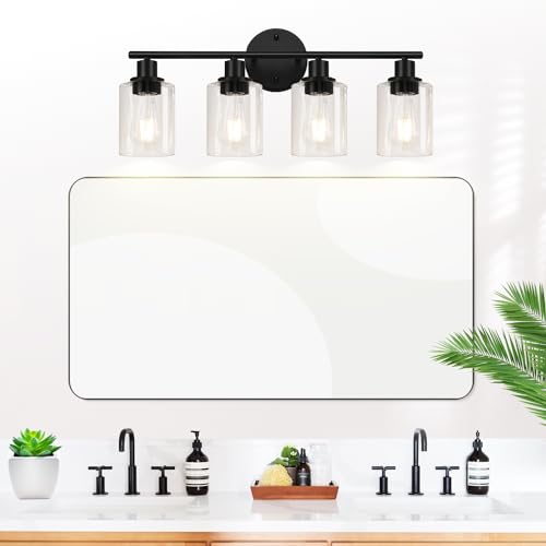 Matte Black 4-Light Bathroom Vanity Light Fixture with Clear Glass Shades – Reversible Mounting
