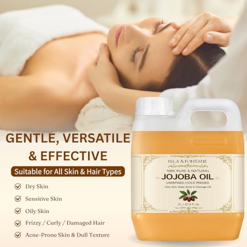 ISLA & FONTANE Jojoba Oil Set ? 2L/67.6 Fl Oz | 100% Pure & Natural | Golden, Unrefined, Cold Pressed | 2 Dropper Bottles & Beauty Massager | Hexane-Free Carrier Oil for Skin, Hair, Face, Nails & Body