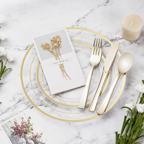 BESTVIP Clear Gold Plastic Plate Set for 100 Guests - Disposable Dinnerware for Weddings & Parties