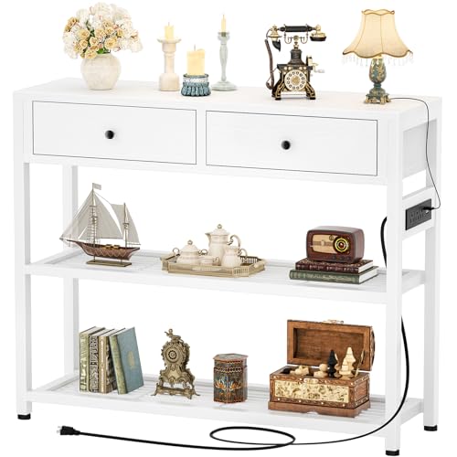 White Entryway Console Table with Outlets, 2 Drawers & Shelves - 32 Inch
