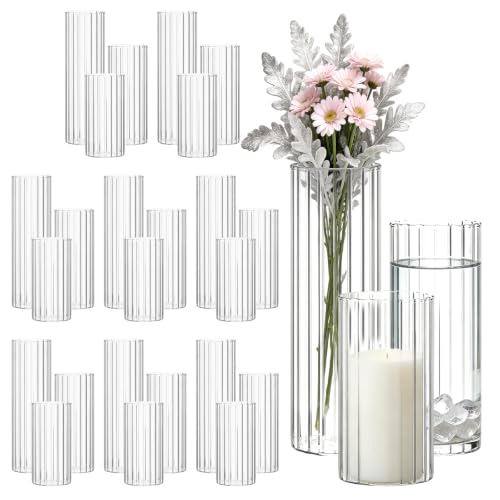 Trxvxo 24 Pcs Ribbed Glass Vases & Hurricane Holders - 2.5" Wide, 5/6/8" Heights