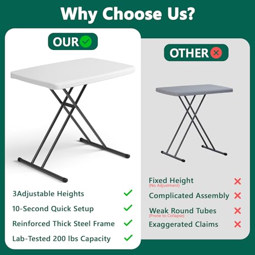 White Granite 30 Inch Folding Table Set of 2 - Adjustable Height, Heavy Duty Utility Tables for Small Spaces, Camp, Dining, Laptop, No Assembly