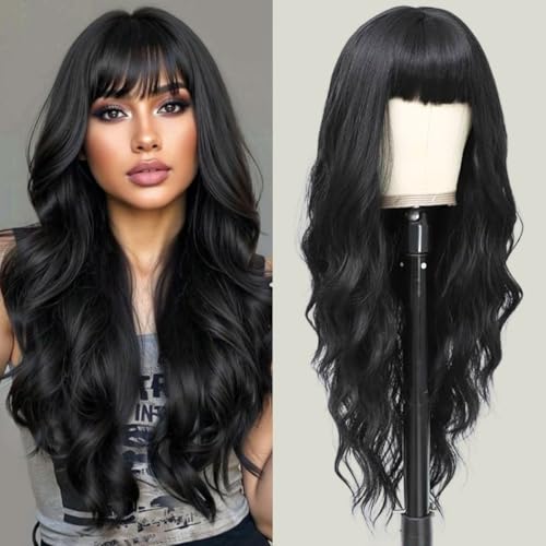 Black Wavy Wig with Bangs - 26 Inch Long Synthetic Hair for Women - Variation: Black / 26 Inch