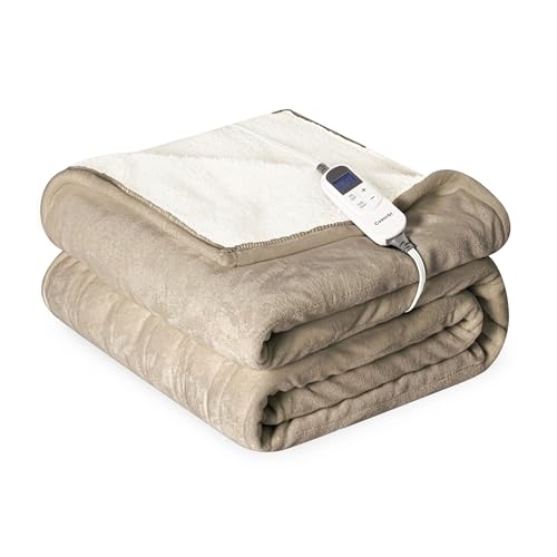 Electric Blanket 72x84 Full Size Reversible Flannel & Sherpa Light Brown - 10 Heat Settings, 12 Timer, Auto-Shut Off