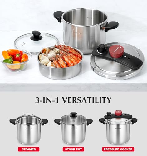 6.3 Quart Stainless Steel Pressure Cooker with Glass Lid & Steamer - Easy One-Hand Lock, Induction Compatible