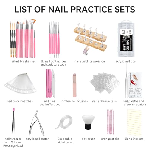 Acrylic Fake Nails Kit with File & Buffer - Press On Nail Set with 240 Tips & Tools - Variation of Press On Nail Kit With File Buffer