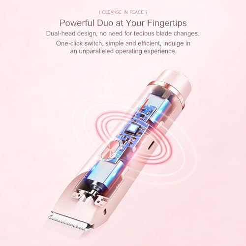 Bikini Trimmer for Women, 2 in 1 Electric Razors, Wet Dry Use, IPX7 Waterproof Rechargeable Bikini Shaver with Ceramic Cutting Head, 120 Min Cordless Runtime, Pink