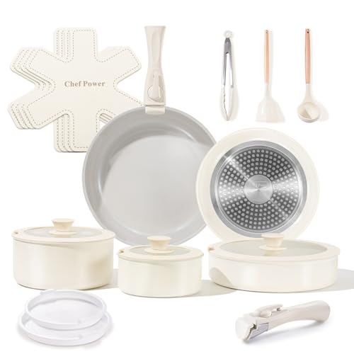Ceramic Nonstick Cookware Set 19 Pieces with Detachable Handle - Induction Oven Safe Kitchen Pots and Pans