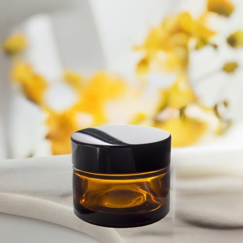 (6 Pack) 1 oz Amber Glass Thick Heavy Wall Balm Jar with Black Lids