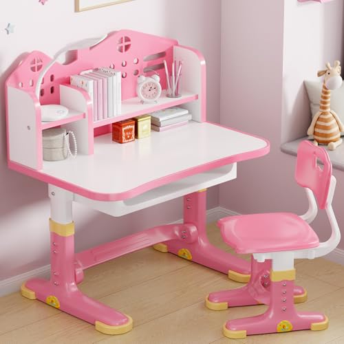 Pink Kids Adjustable Desk and Chair Set - Ergonomic Study Table for Children