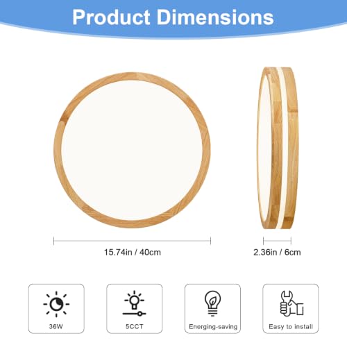 Dimmable LED Wood Flush Mount Ceiling Light 15.74in - Modern Round Fixture for Bedroom Kitchen Hallway