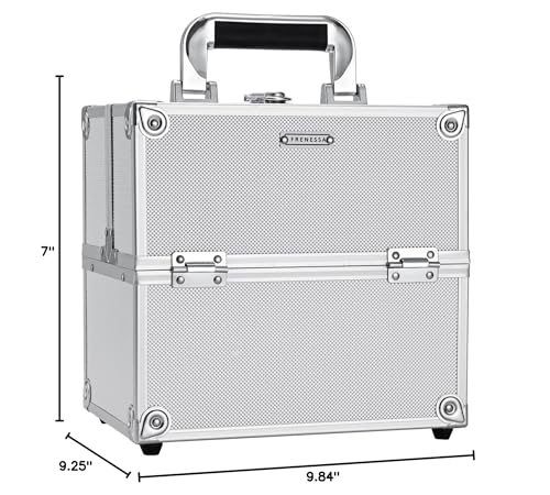 FRENESSA Makeup Train Case Makeup Organizer Box Portable Cosmetic Travel Case with Lock 4 Trays Aluminum Hard Vanity Box Make Up Artist Nail Beauty Storage Organizer Cosmetic Suitcase Bright Silver