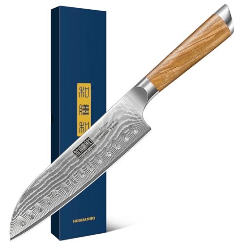 7.1 Inch Damascus Santoku Knife with Ergonomic Olive Wood Handle - Sharp Chef Knife