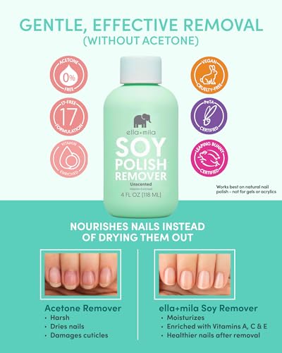 ella+mila Unscented Soy Nail Polish Remover Pack of 2 - Non-Acetone, Vegan, Gentle, 4 fl oz