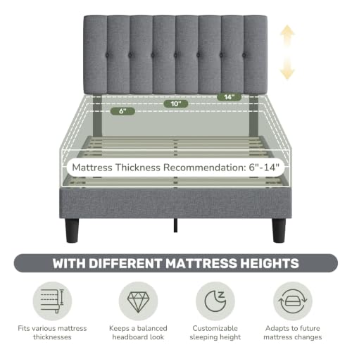 Full Size Bed Frame with Headboard - Grey Platform Bed, Adjustable & Sturdy