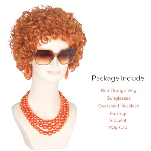 Women's Short Curly Red Brown 70s Wig with Orange Jewelry & Sunglasses - Variation of THIS listing