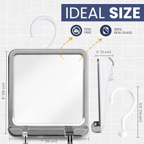 Fogless Shower Mirror with Real Glass & Adjustable Hook - 8x7 Inches Chrome