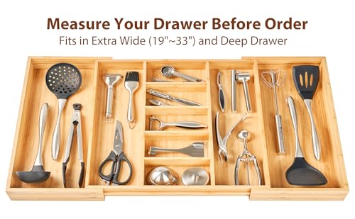 Adjustable Bamboo Kitchen Drawer Organizer for Utensils - For Utensil 19-33 Inches, Extra Large Expandable Cutlery Tray