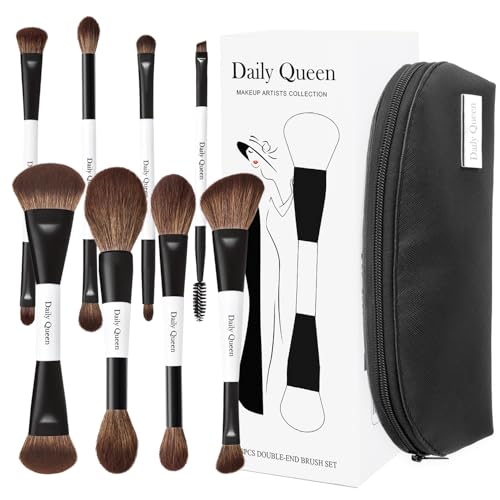 8-Piece Dual-Ended Makeup Brush Set with Waterproof Bag - Face Eye Blush Contour