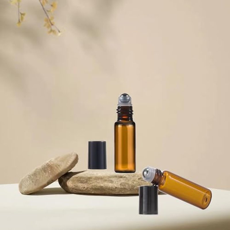 50Pcs Amber Glass Roller Bottles for Essential Oils 5ml Glass Roll on Bottles with Stainless Steel Roller Balls Mini Sample Vials Cosmetics Small Container (Amber, 5ml)