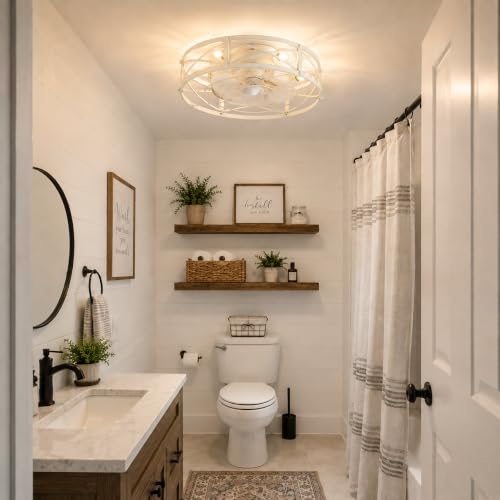 20-Inch White Gold Industrial Caged Ceiling Fan with Light & Remote - Farmhouse Style