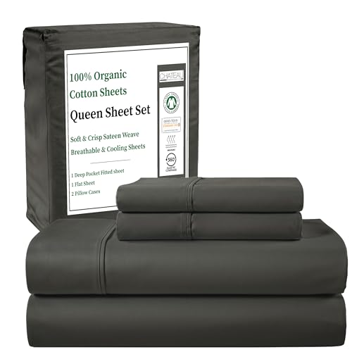 Queen Organic Cotton Bed Sheets Set with Deep Pockets - Charcoal, 15"