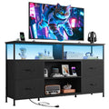 55 Inch TV Stand Dresser with LED Lights & Fabric Drawers - Black, Open Shelves