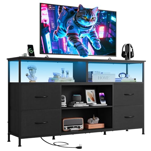 55 Inch TV Stand Dresser with LED Lights & Fabric Drawers - Black, Open Shelves