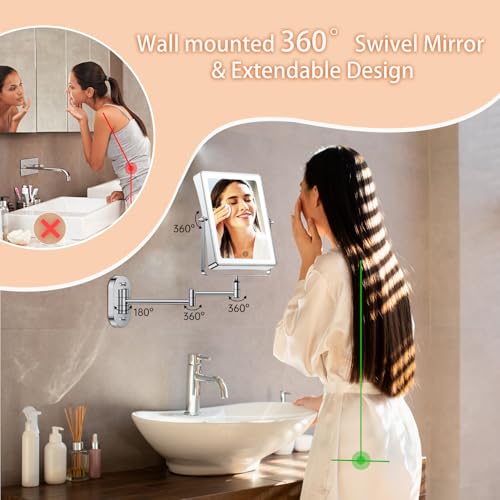 FASCINATE 5000mAh Rechargeable Wall Mounted Makeup Mirror, 8.7" Double Sided Touch Switch 1X 20X Rectangle Wall Mounted Magnifying Mirror with Light, 3 Color Setting, Extended Arm 360¡Æ Foldable Chrome