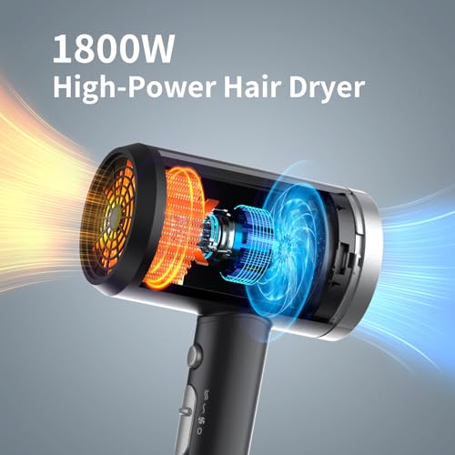 Ionic Hair Dryer with Diffuser - 1800W Lightweight Blow Dryer for Women & Men - Silver/Matte Black