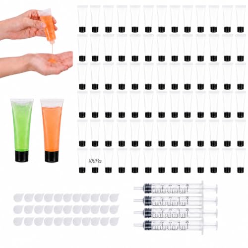 5ml Reusable Travel Tube Container Set with Syringe & Seal Stickers - Translucent, 100 Pieces