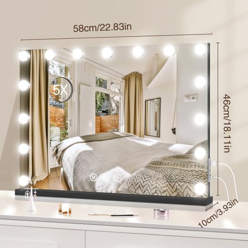 Black Vanity Makeup Mirror with Lights, 22.8 x 19 Inches, Dimmable & Touch Control