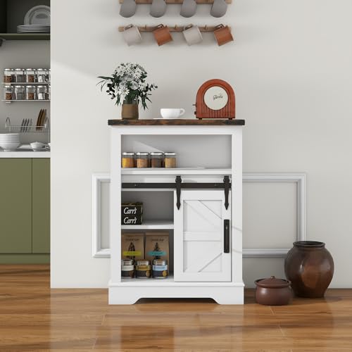 Panana Farmhouse White Bathroom Floor Cabinet with Sliding Barn Door & 3 Drawers