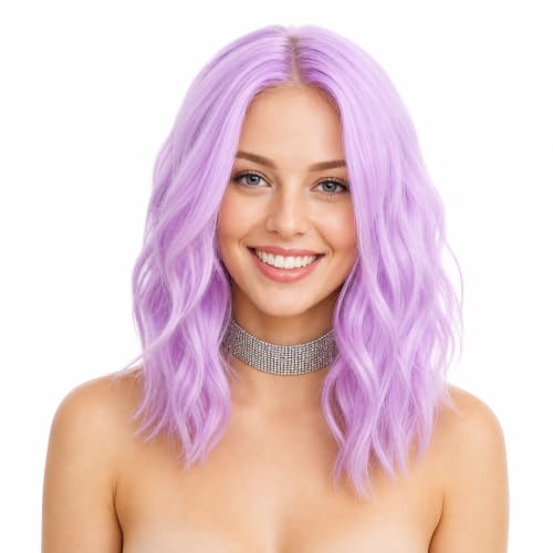 eNilecor Purple Wigs for Women Short Wavy Bob 14 Inch Middle Part Synthetic Lilac Neon Wig for Cosplay & Party - Lavender Purple
