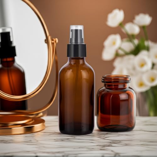 JUVITUS 4 oz Amber Glass Boston Round Bottle with Black Treatment Pump (6 pack) + Funnel