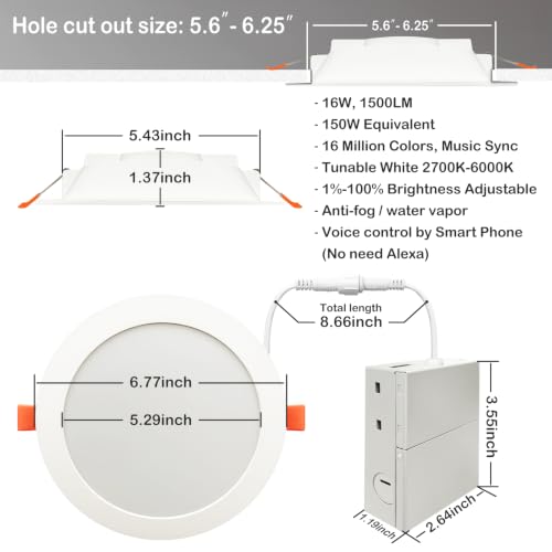 MELPO 6 Inch Smart Recessed Ceiling Light 1500LM RGBWW WiFi Alexa Siri 12 Pack