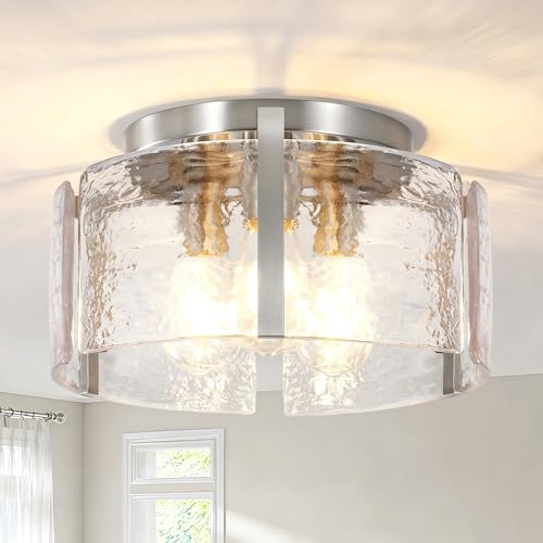 Xeruyiwa Nickel Brushed Nickel 3-Light Hammered Glass Semi-Flush Ceiling Light