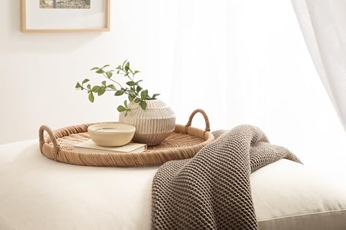 Kate and Laurel 22.4-Inch Natural Woven Rattan Serving Tray with Handles - Boho Style