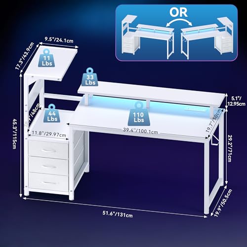 52-Inch Reversible Gaming Desk with LED Lights Power Outlets - White