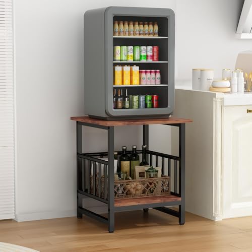 Rustic Brown Industrial End Table with Storage Shelf - 18x18 Inch Nightstand, Mini Fridge Stand, Bedside Table