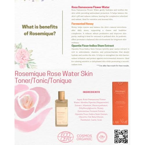 Rosemique Toner/Tonic, Alcohol-Free Rose Water Toner & Hydrating Face Mist | pH Balancing, Refreshing & Soothing Spray for Sensitive, Dry & Oily Skin, Turkish Rose, Swiss Quality