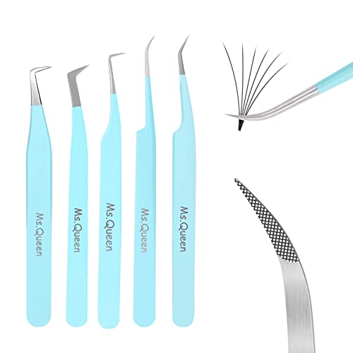 Professional Lash Tweezers Set - 5 Pcs Fiber Tip Curved Isolation & Volume Tweezers for Eyelash Extensions - Blue