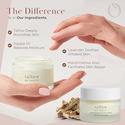 Unscented Cloud Cream, Nourishing Beef Tallow Moisturizer Infused with Lavender and Marshmallow Herbs for Deep Hydration, Soothing Relief, No Essential Oils, Gentle for Sensitive Skin, 1.58 oz