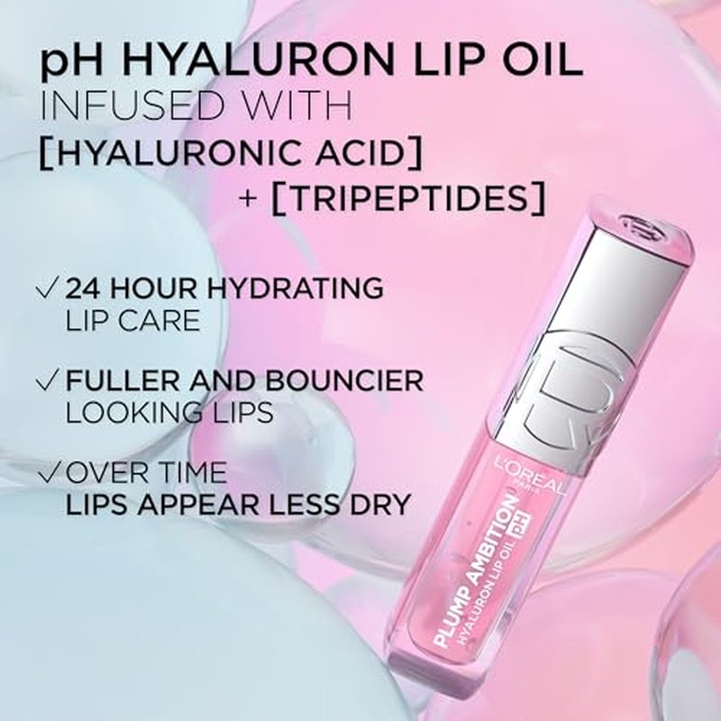 L'Oreal Paris Plump Ambition pH Hyaluron Lip Oil, Color Shifting Lip Tint with 24HR Hydration, Volumizing Shine and Lasting Color, 020 pH Ros?