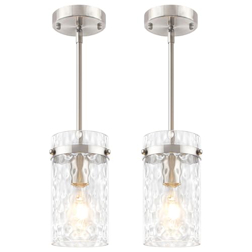 2 Pack Modern Brushed Nickel Pendant Lights with Handblown Hammered Glass