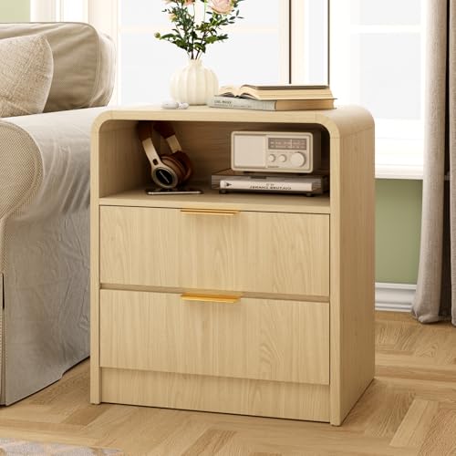 Large Modern Nightstand with 2 Drawers & Open Shelf - Oak Bedside Table
