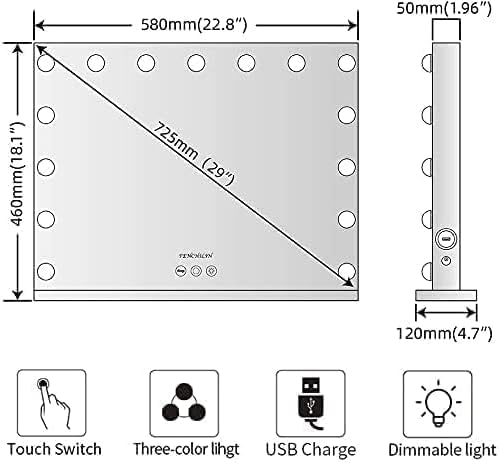 FENCHILIN Vanity Mirror with Lights, Hollywood Lighted Makeup Mirror with 15 Dimmable LED Bulbs for Dressing Room & Bedroom, Slim Metal Frame Design, White